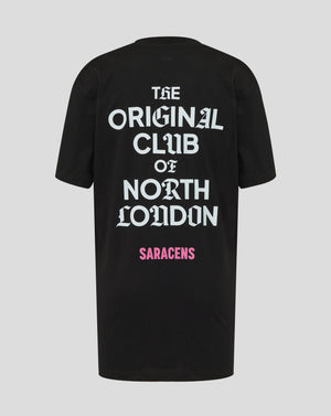 Black t-shirt with white text 'The Original Club of North London' and pink 'Saracens' logo on a gray background