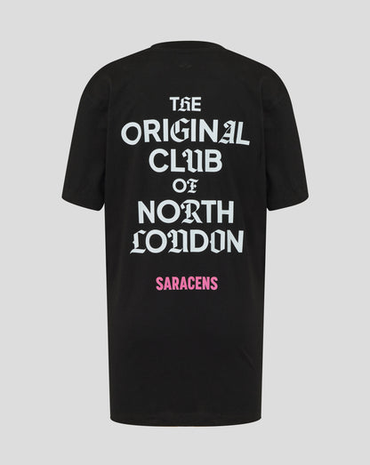 Black t-shirt with white text 'The Original Club of North London' and pink 'Saracens' logo on a gray background