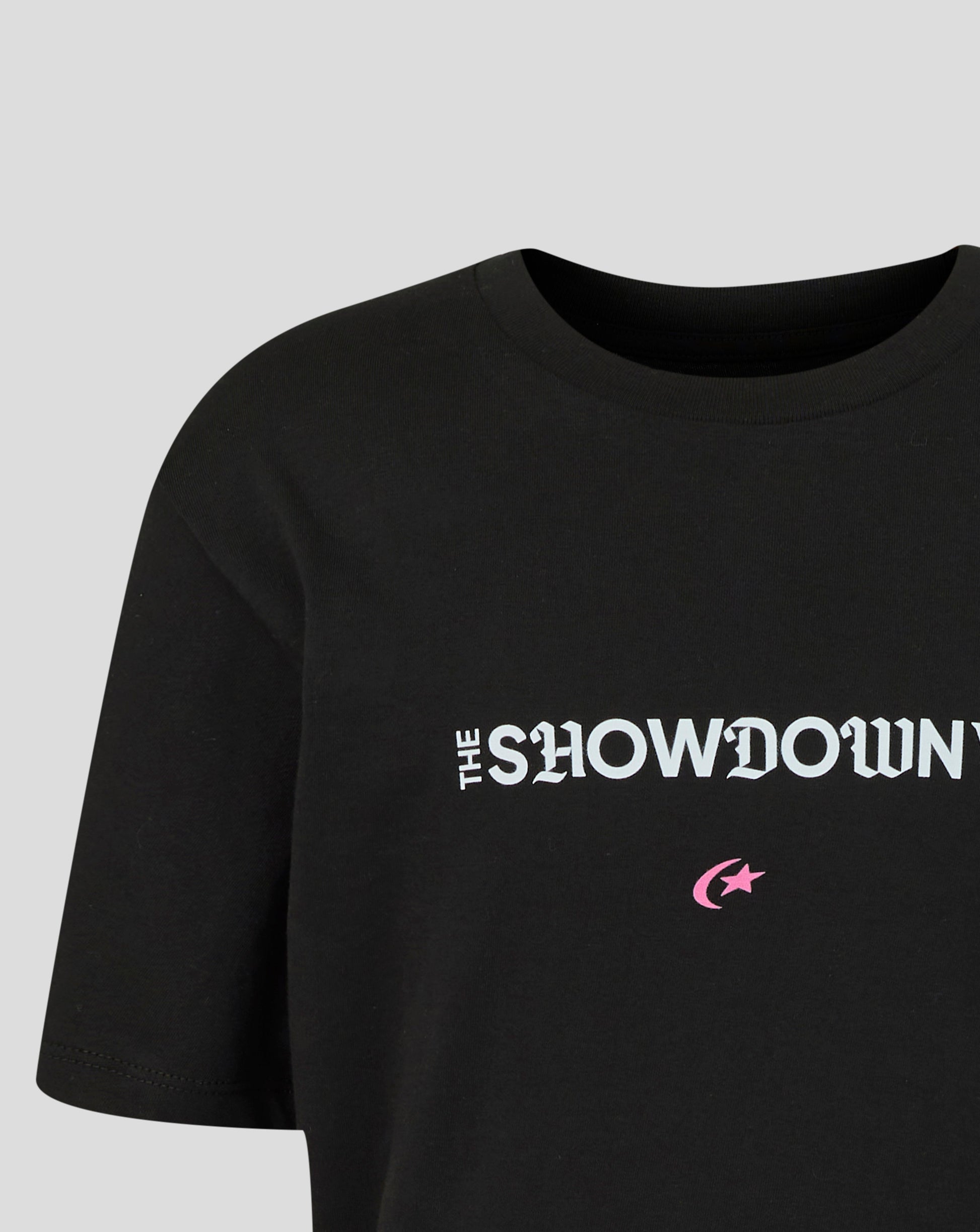 Black t-shirt with 'The Showdown' text and logo on a gray background