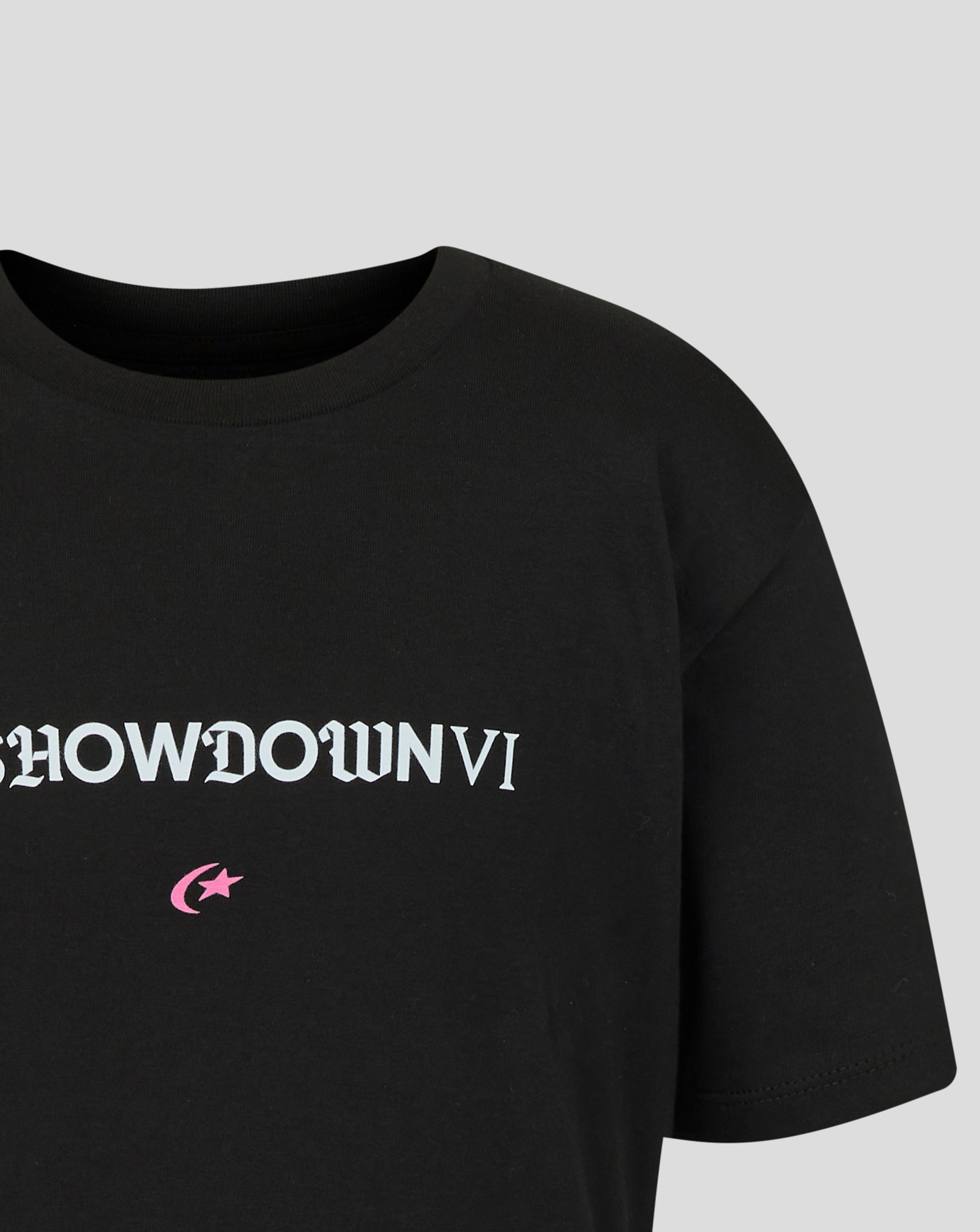 Black t-shirt with 'SHOWDOWN VI' text on a light gray background