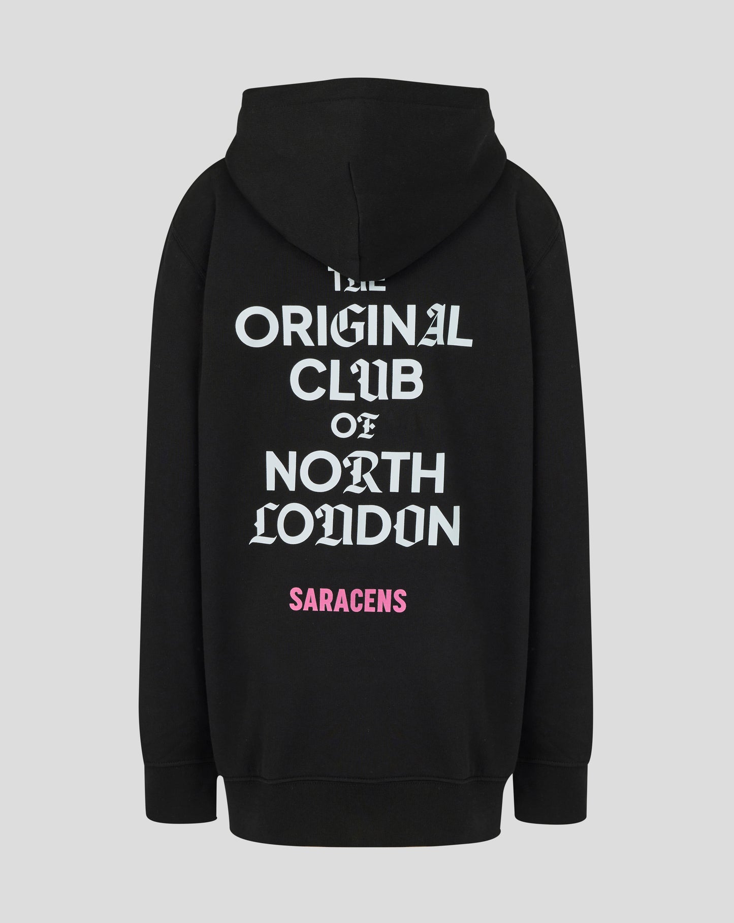 Black hoodie with text on the back on a light gray background