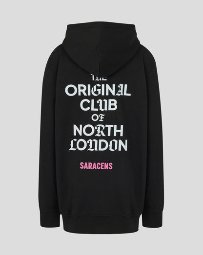 Black hoodie with text on the back on a light gray background