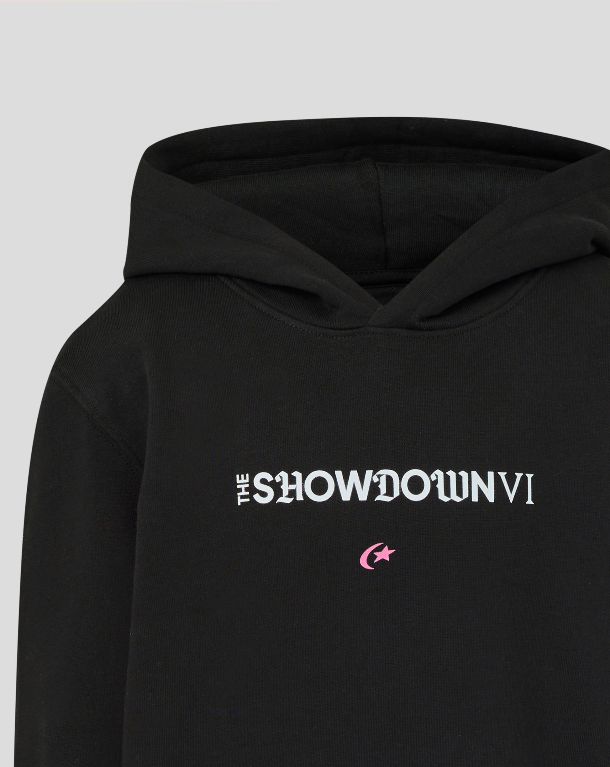 Black hoodie with 'THE SHOWDOWN VI' text and logo on a light gray background