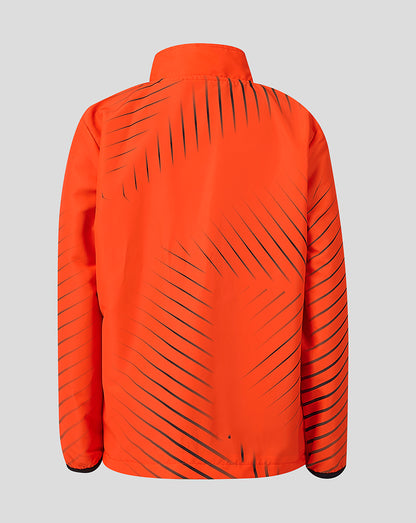 Back view of the orange Sunrisers Leeds The Hundred woven pre match jacket with diagonal black stripes