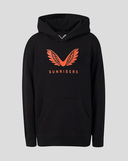 Front view of black Juniors Sunrisers Leeds hoodie with orange wing logo and SUNRISERS text.