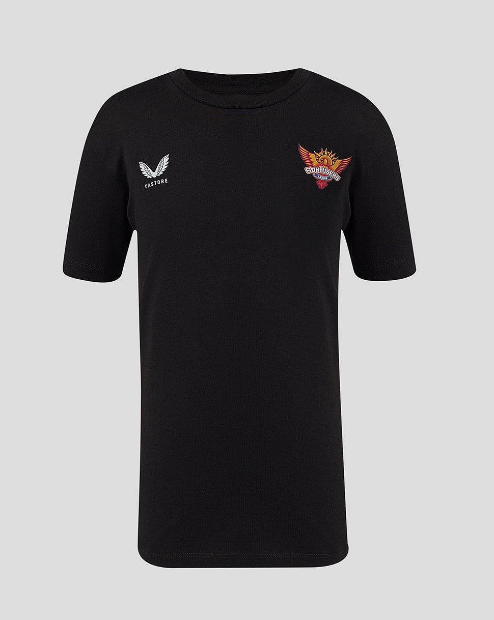 Front view of a black juniors T-shirt with Castore logo on left chest and Sunrisers Leeds crest on right chest