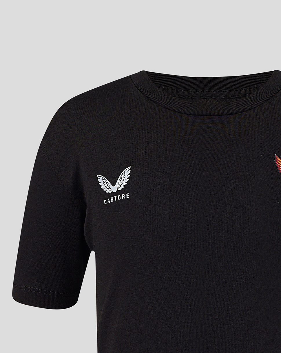 Close up of a black junior T shirt left chest with the white Castore wing logo