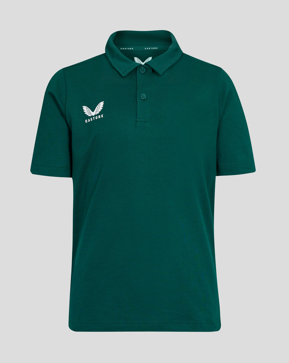 Front view of teal Junior Cotton Leisure Polo with three button placket and white Castore wing logo on left chest