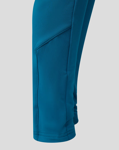 Close up of blue training pants leg showing pocket seam and bottom hem stitching