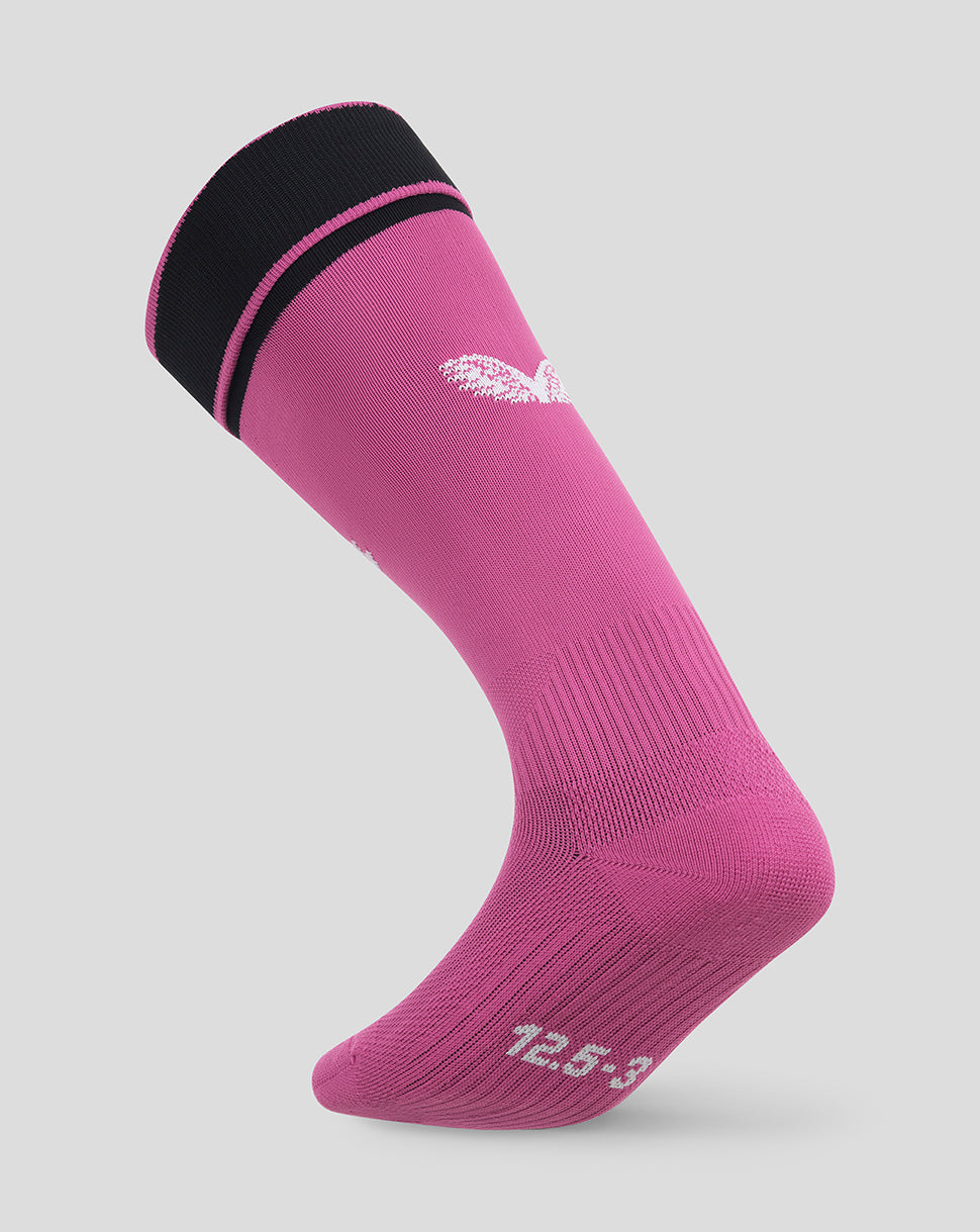 A single athletic crew sock in bright pink with a black ribbed cuff and a white wing logo, displayed on a neutral light gray background.