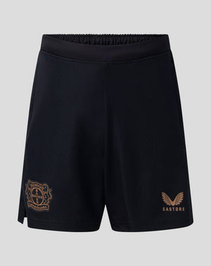 Navy Bayer Leverkusen junior training shorts with crest on left leg and Castore logo on right leg