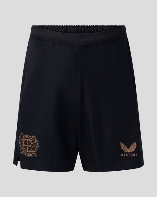 Navy Bayer Leverkusen junior training shorts with crest on left leg and Castore logo on right leg