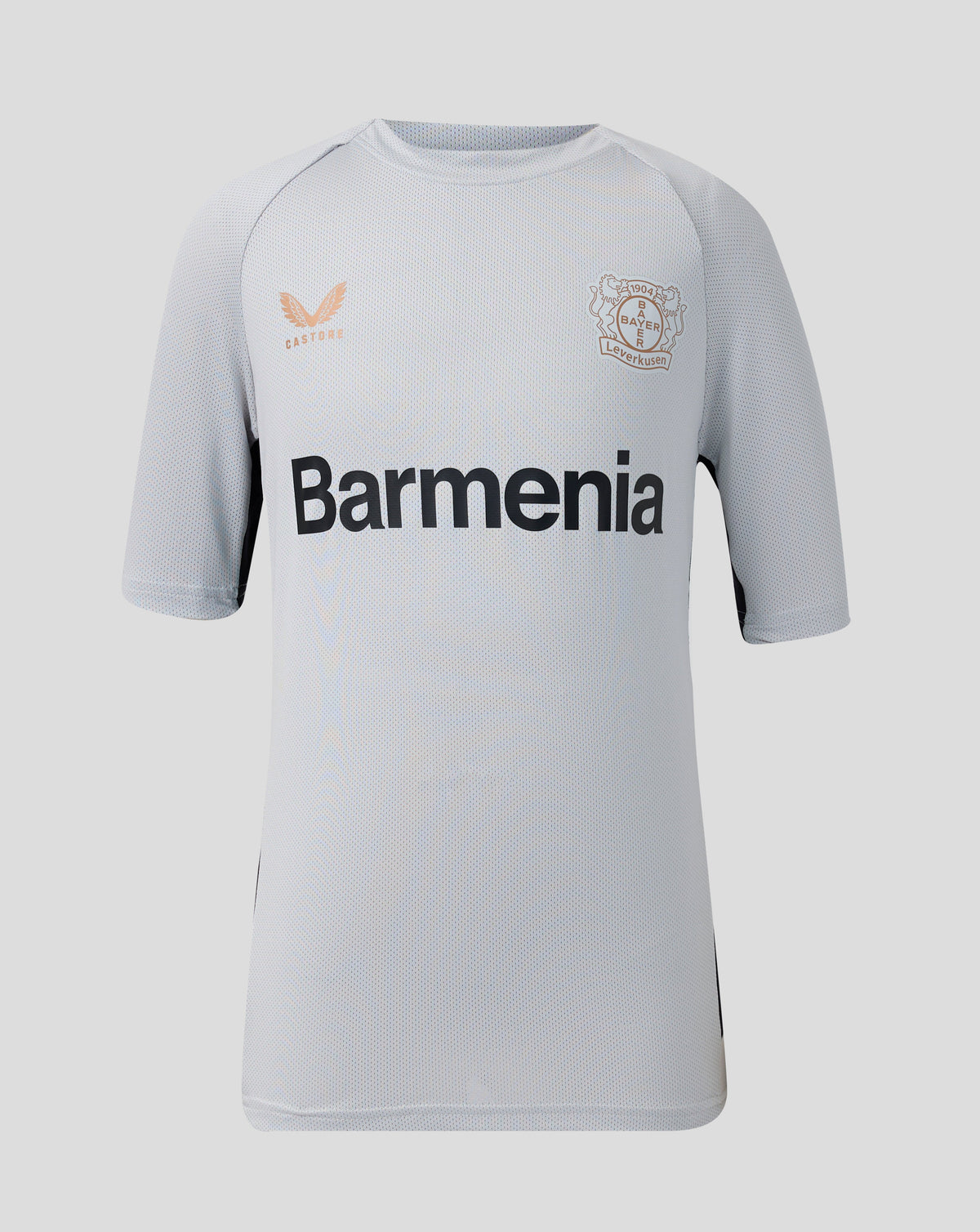 Grey Bayer 04 Leverkusen training shirt with club crest and Barmenia sponsor across chest