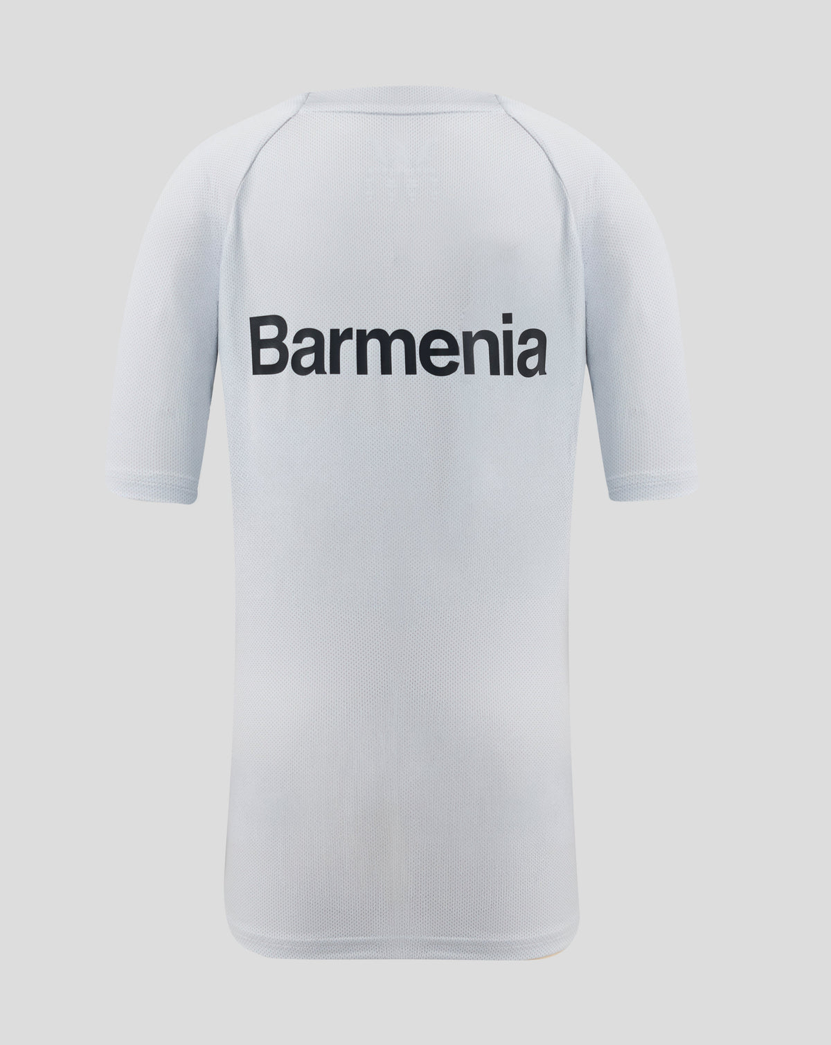 Back view of light grey perforated training shirt with Barmenia text across the lower back and Leverkusen crest on the left.