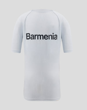 Back view of light grey perforated training shirt with Barmenia text across the lower back and Leverkusen crest on the left.