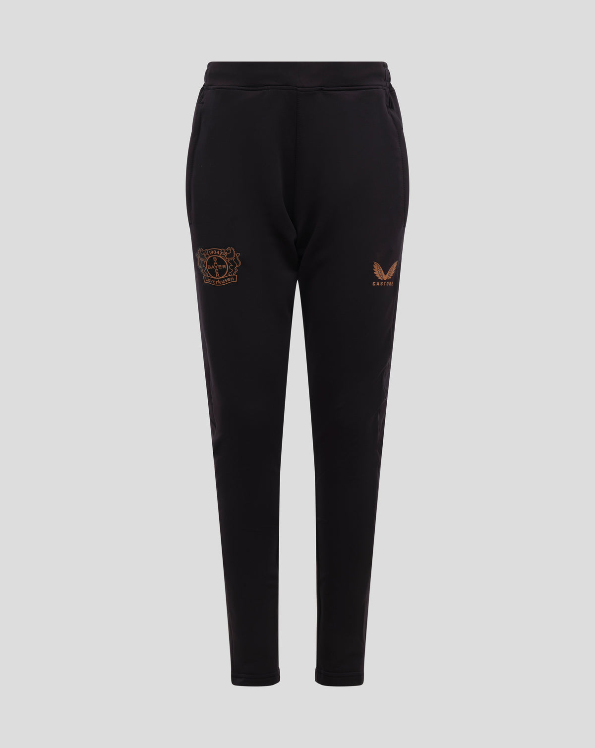 Back view of black Bayer Leverkusen junior training pants with an elastic waistband.