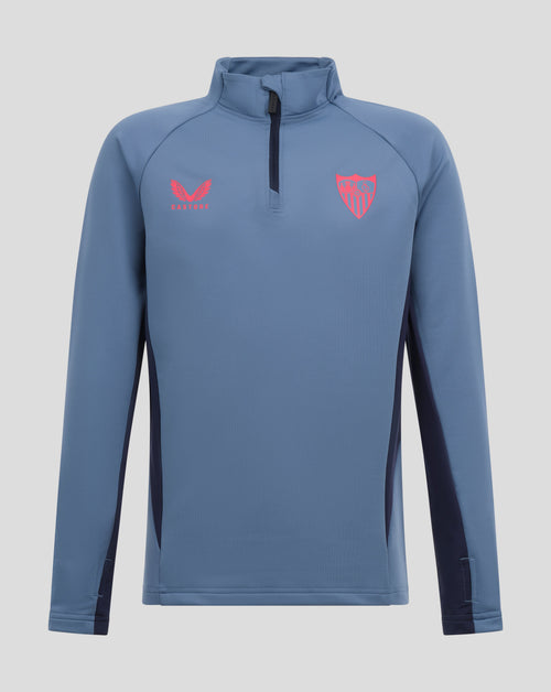 Blue long-sleeve athletic shirt with logos on a light gray background
