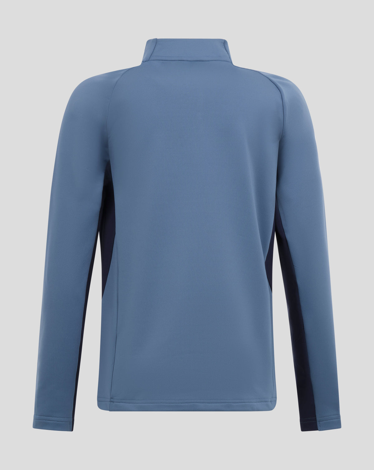 A long-sleeve athletic quarter-zip pullover shown from the back, featuring a slate blue body with dark navy side panel accents, set against a solid light gray background.