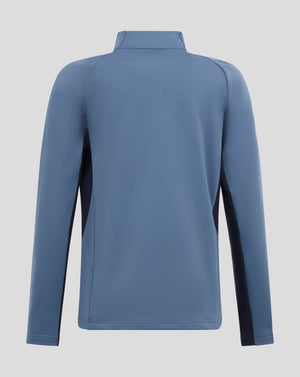 A long-sleeve athletic quarter-zip pullover shown from the back, featuring a slate blue body with dark navy side panel accents, set against a solid light gray background.