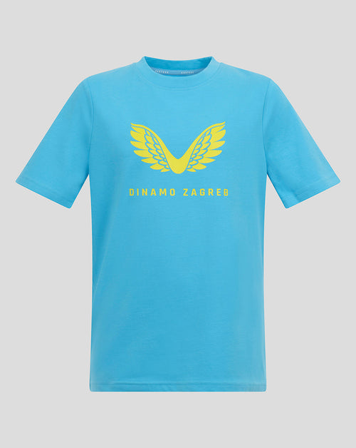 Aquarius blue Dinamo Zagreb tee with yellow winged logo and Dinamo Zagreb lettering on front