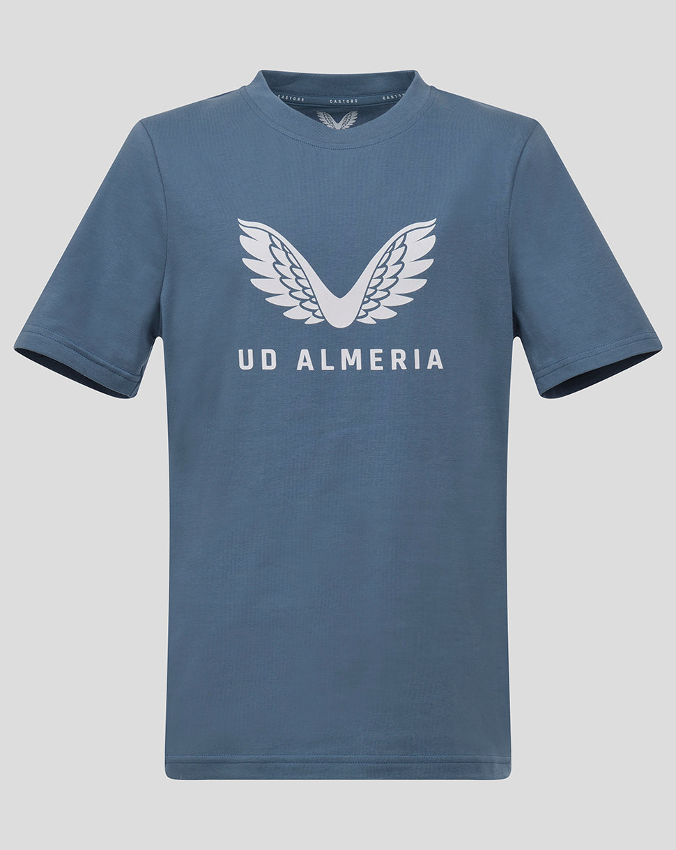 Blue Almeria junior logo shirt front view with white wing emblem and UD ALMERIA text.
