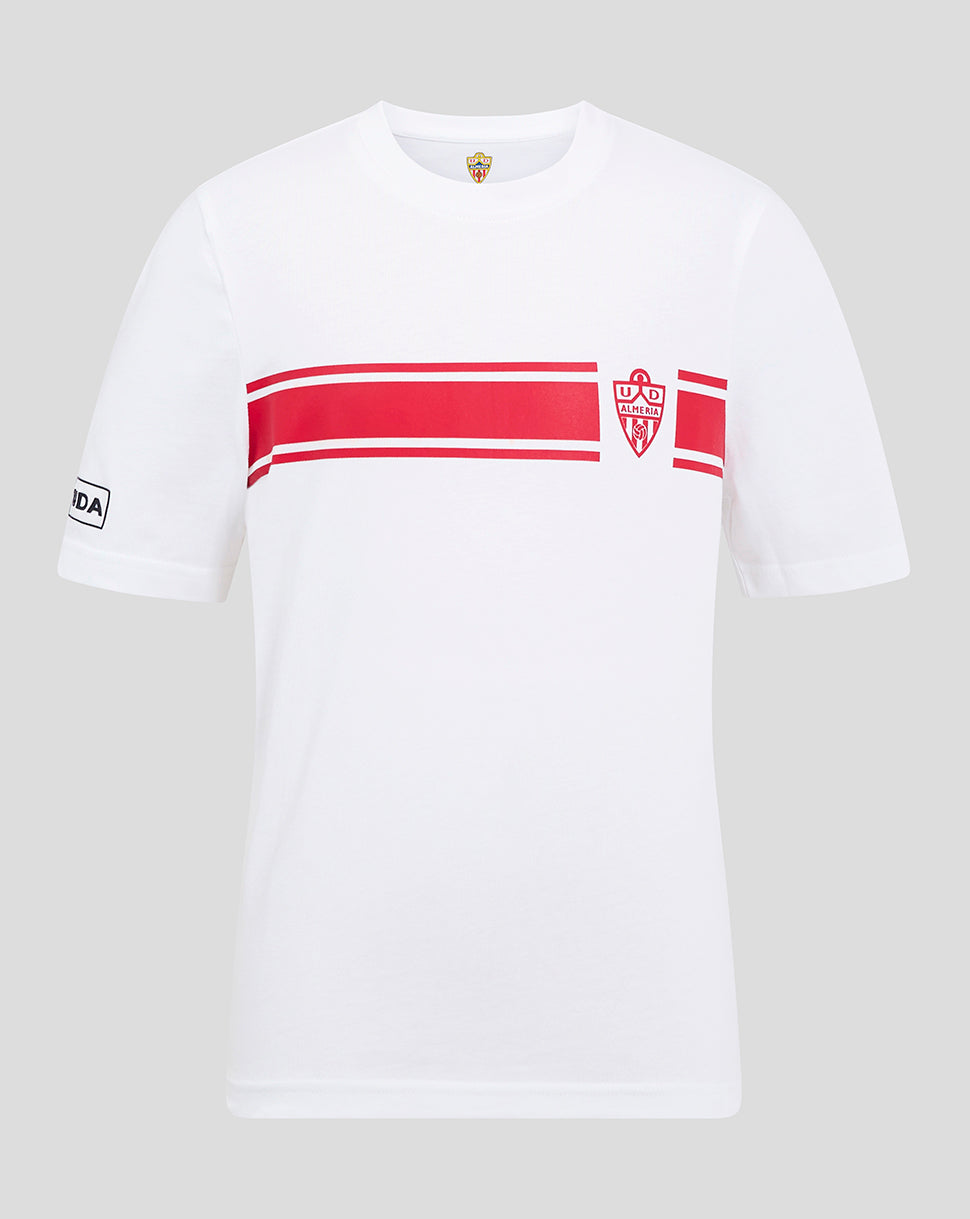 Front view of white Almeria Junior Classic Shirt with a bold red chest stripe and club crest