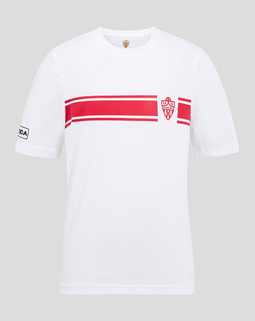 Front view of white Almeria Junior Classic Shirt with a bold red chest stripe and club crest