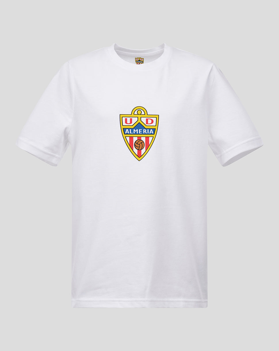 White t-shirt with a colorful logo on a light gray background