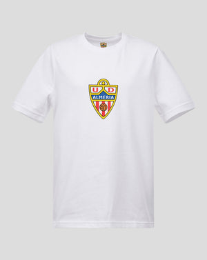 White t-shirt with a colorful logo on a light gray background