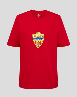 Red Almeria Junior Crest shirt front view with a large shield crest centered on the chest