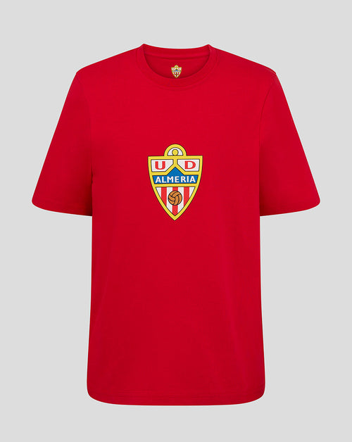 Red Almeria Junior Crest shirt front view with a large shield crest centered on the chest