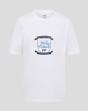 White Junior Crest T Shirt featuring a blue shield crest with banner and PP initials centered on the chest.