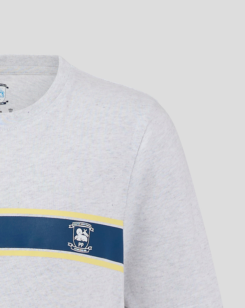 Front view of light grey Junior Preston North End T shirt with blue stripe and crest on the left chest