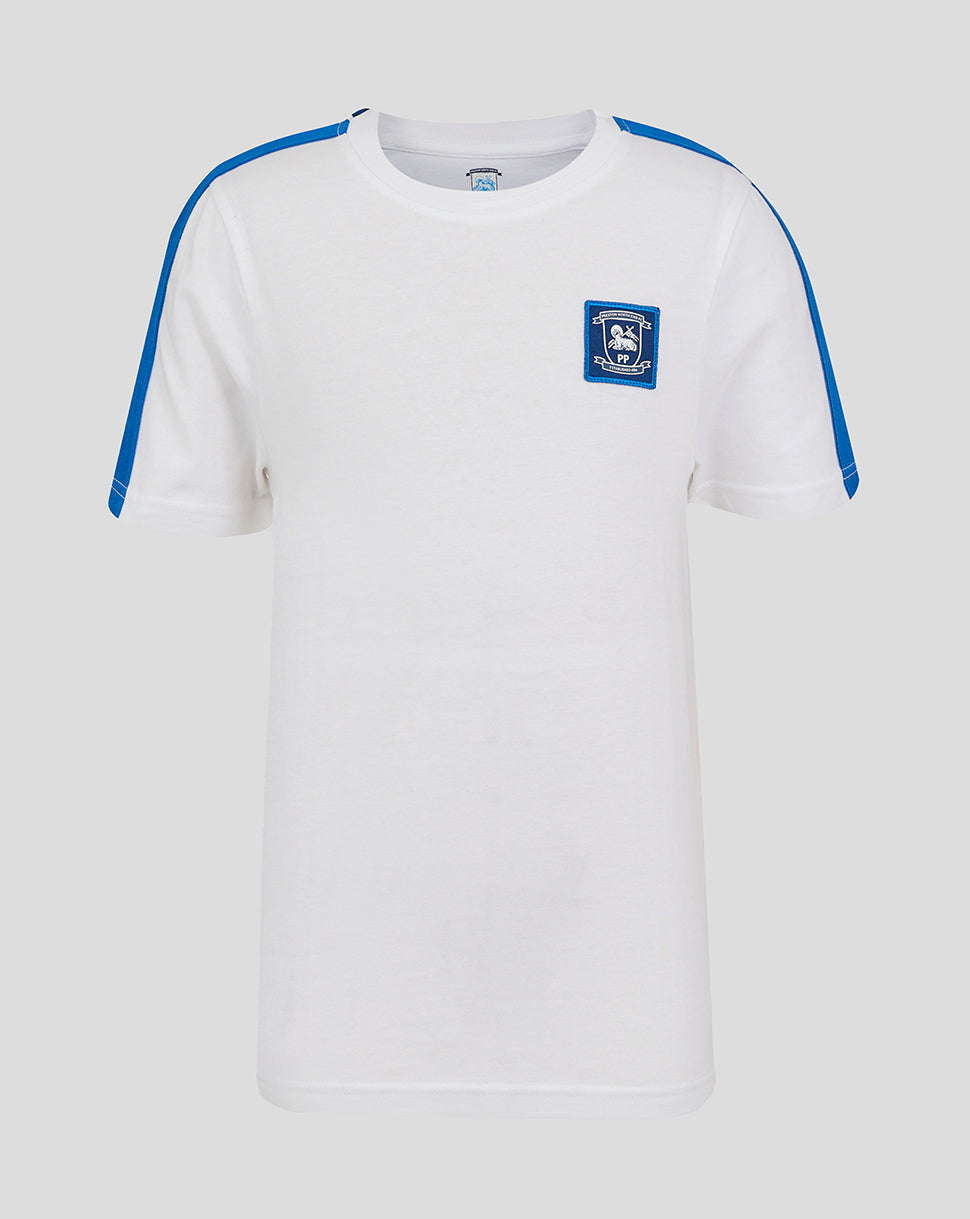 Front view of white Junior 24/25 Classic Cotton T-Shirt with blue shoulder stripes and chest crest patch