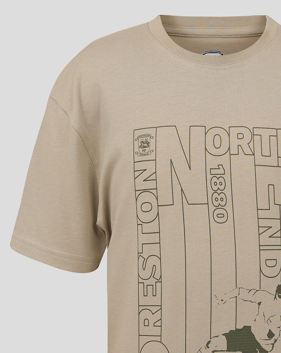 Close up of the stone colored tee showing the front graphic and neckline stitching