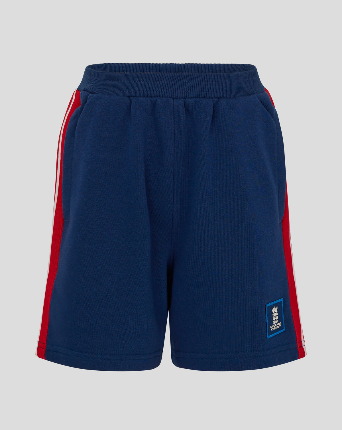 Navy shorts with red side stripes and an England Cricket crest patch at the hem.