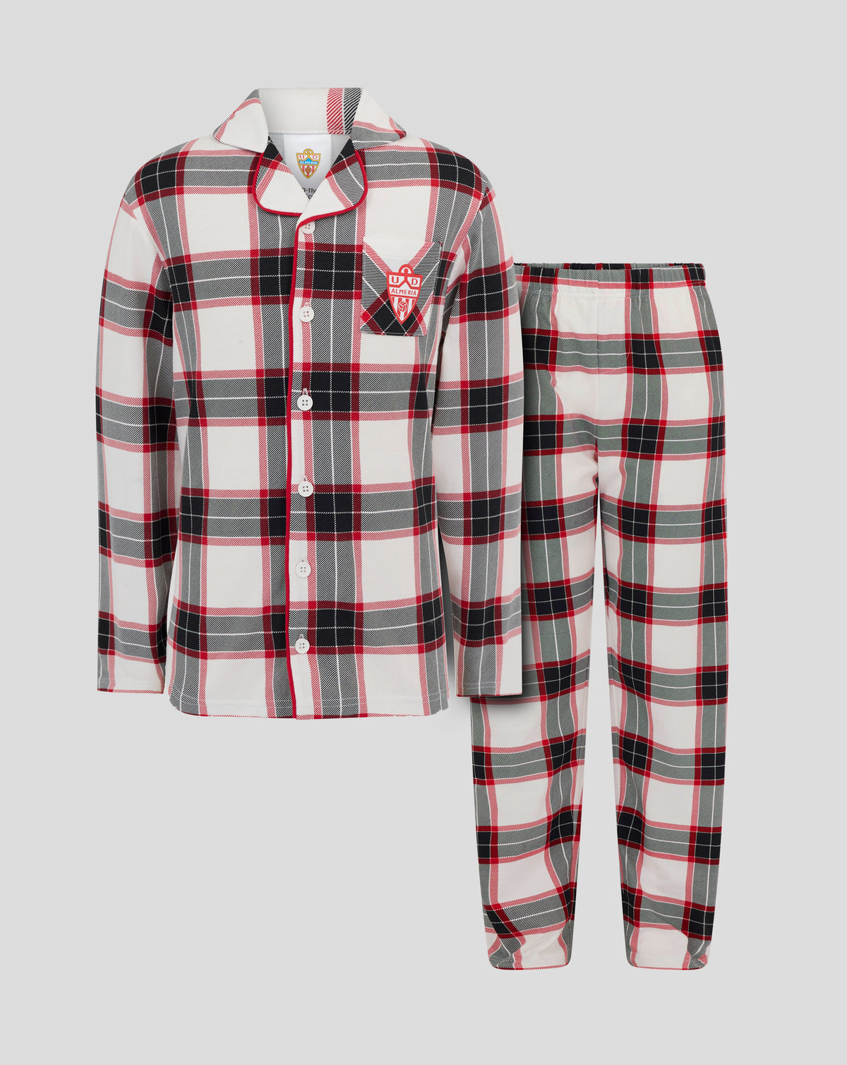 Conjunto de pijama largo para niños Almeria en cuadros blanco rojo negro con parche en el bolsillo