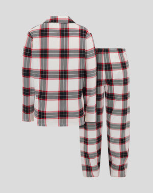 Vista trasera del conjunto de pijama Almeria para niños en cuadros blanco rojo negro