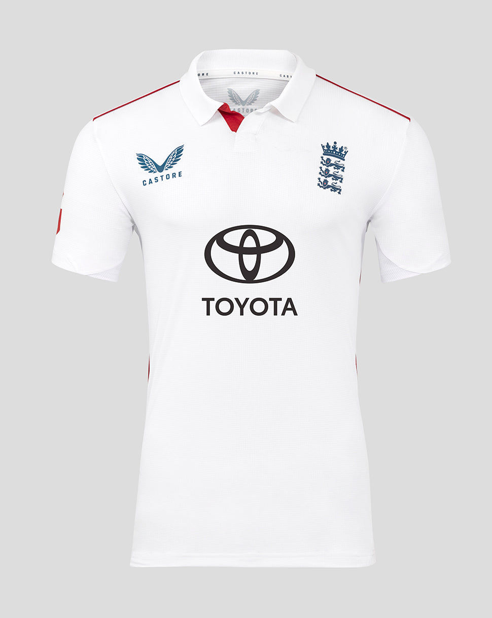 White England cricket shirt with Toyota sponsor and team crest on the chest and red shoulder piping