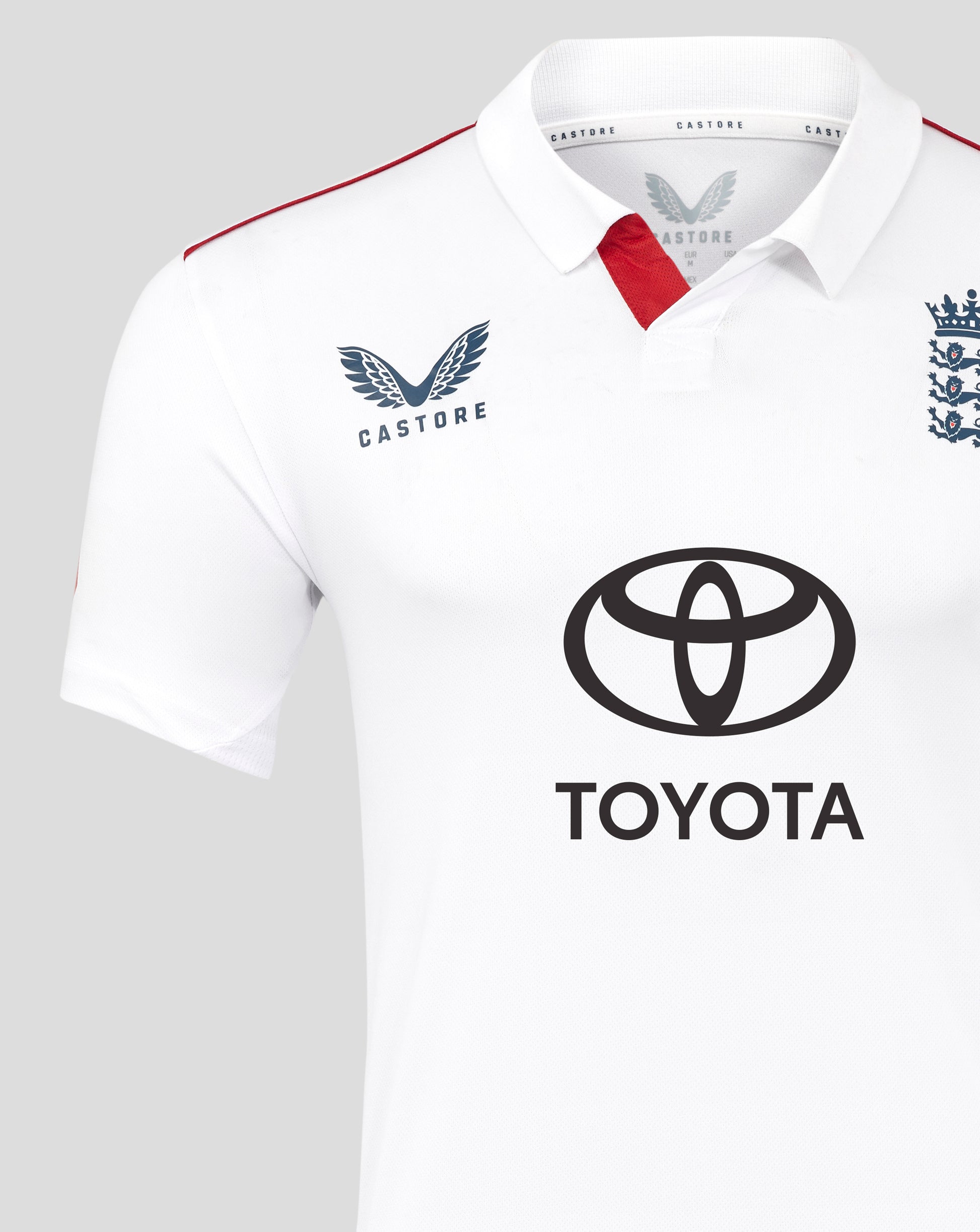 White sports jersey with Toyota and Castore logos on a gray background