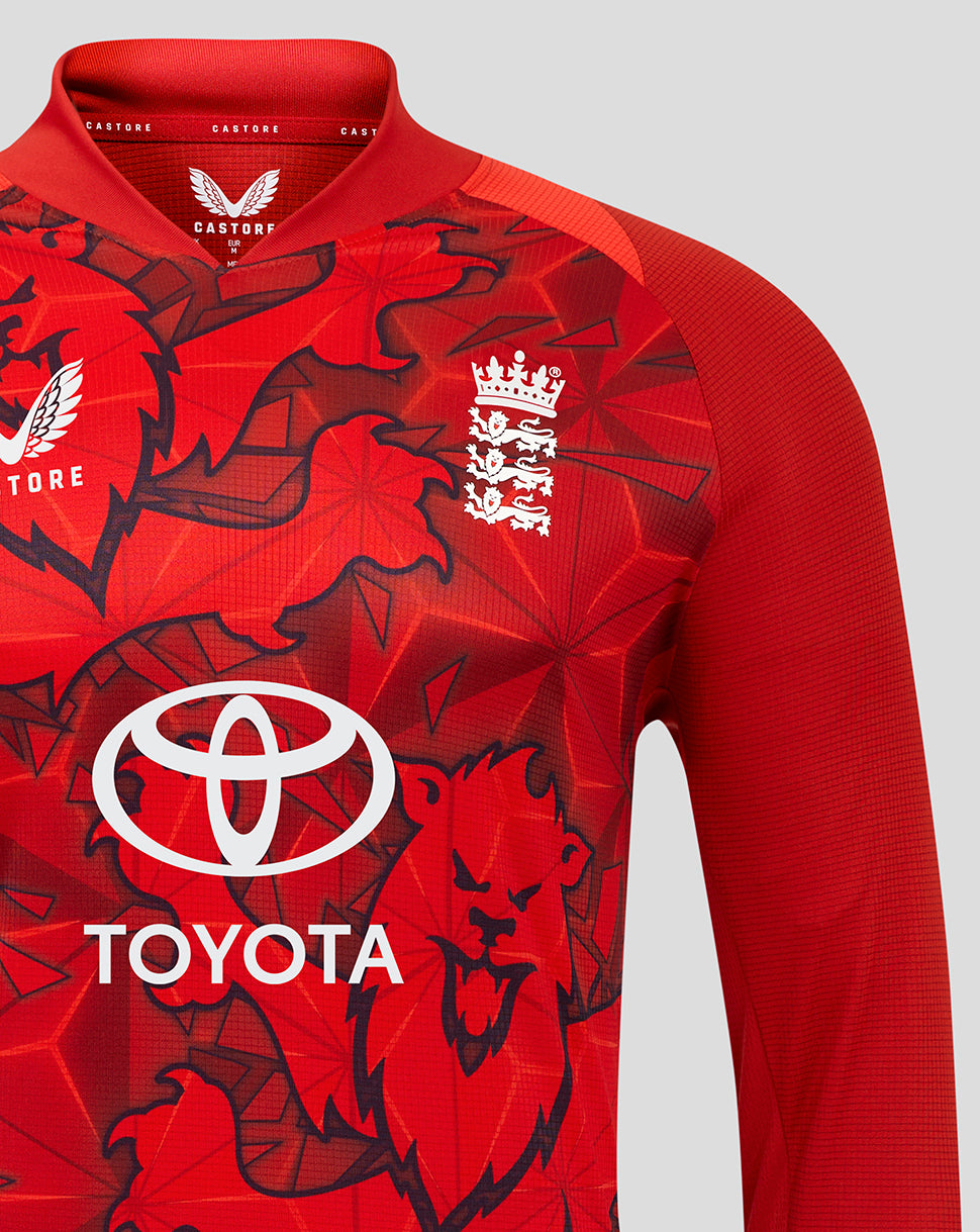 England Cricket T20 Men's Pro Long Sleeve Shirt 25/26 - Pompeian Red/Poppy Red