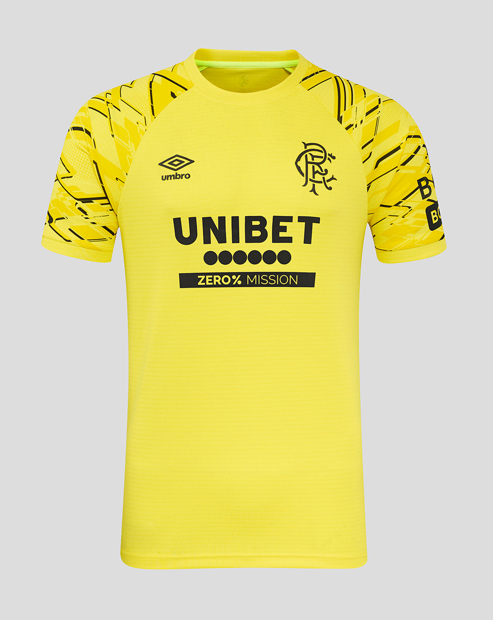 Front view of bright yellow Rangers goalkeeper shirt with Unibet sponsor and Umbro logo