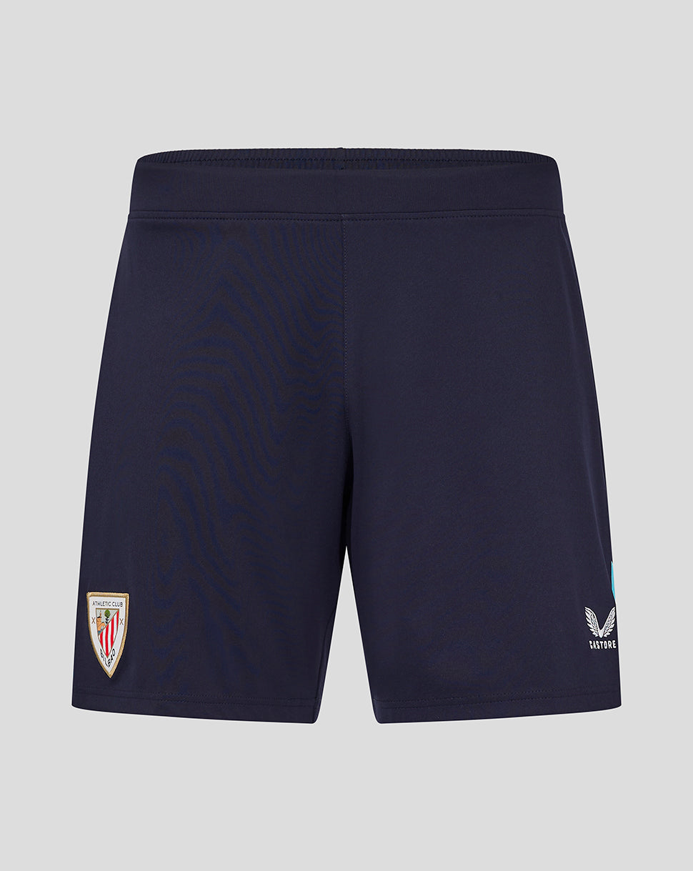 Navy shorts with a logo on a light gray background