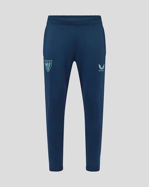 Front view of navy Athletic Club men's training pants with crest on the left thigh and Castore logo on the right thigh