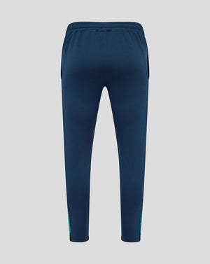 Back view of navy Athletic Club training pants with teal side panels and an elastic waistband