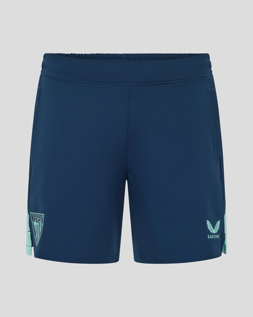 Athletic Club men's 25/26 training shorts in dark blue with red side panels and a small club logo.