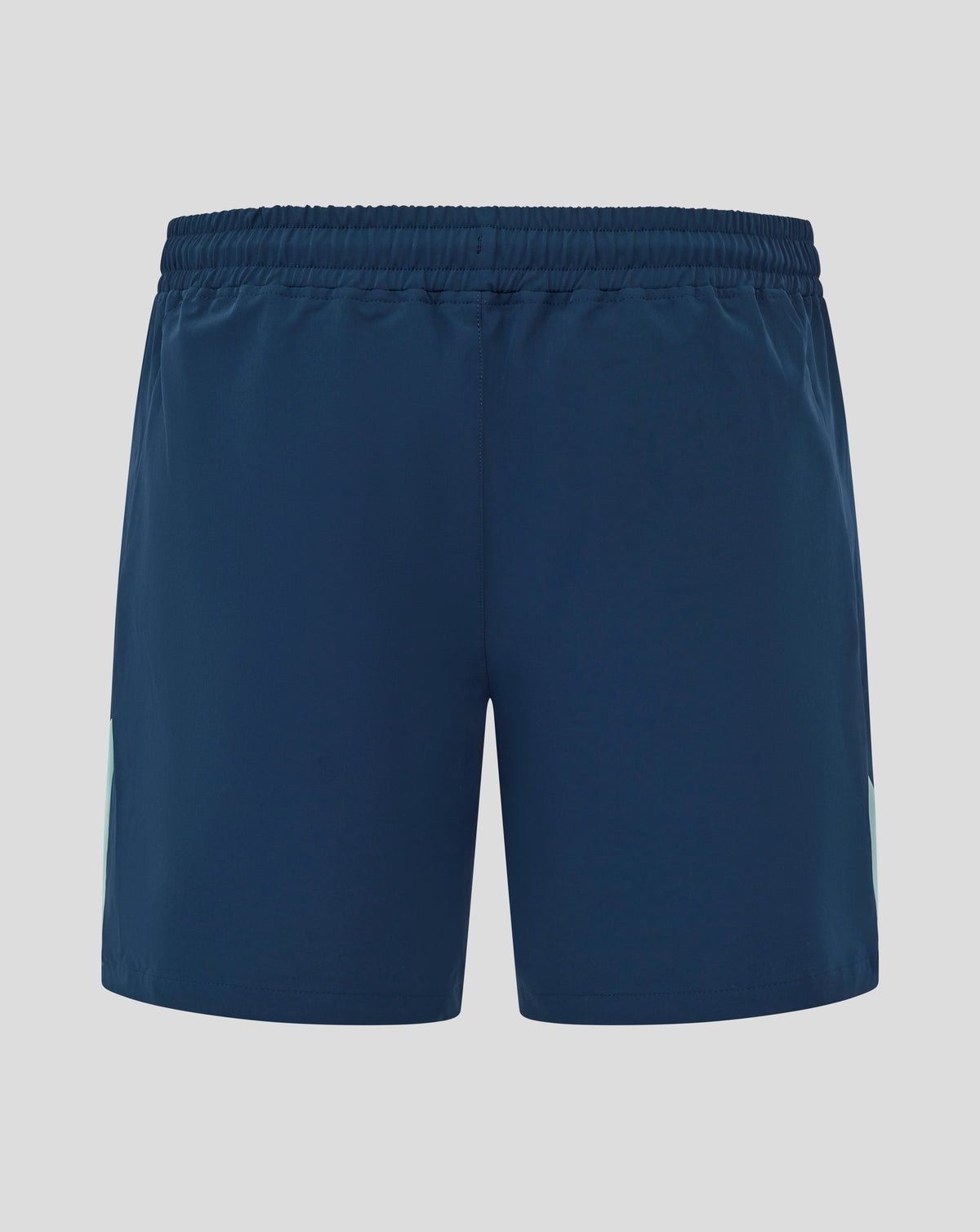 Back view of navy blue men's presentation shorts with an elastic waistband
