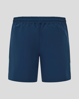 Back view of navy blue men's presentation shorts with an elastic waistband