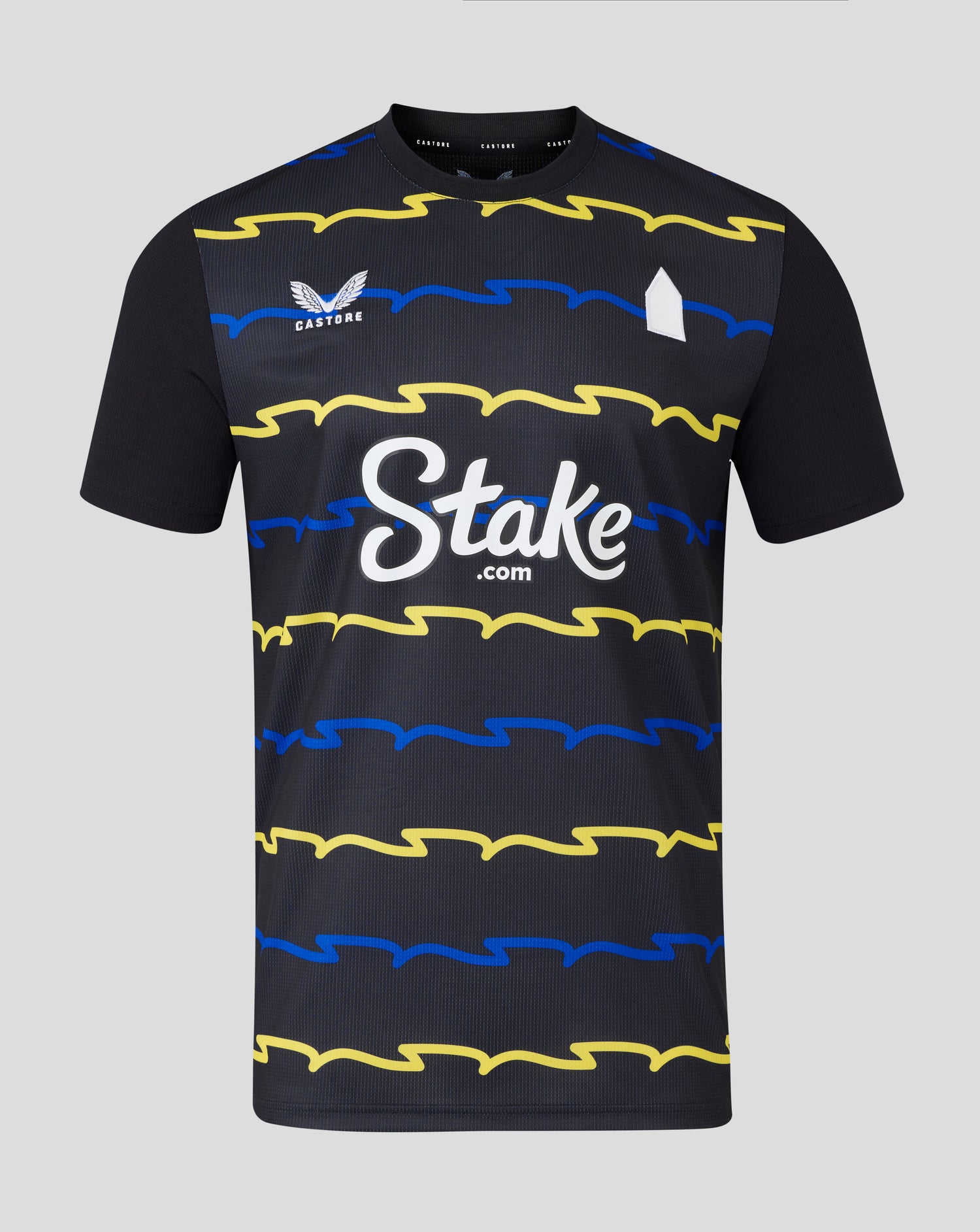 Everton 25/26 men's third shirt in dark navy with yellow and blue wavy stripes and Stake sponsor