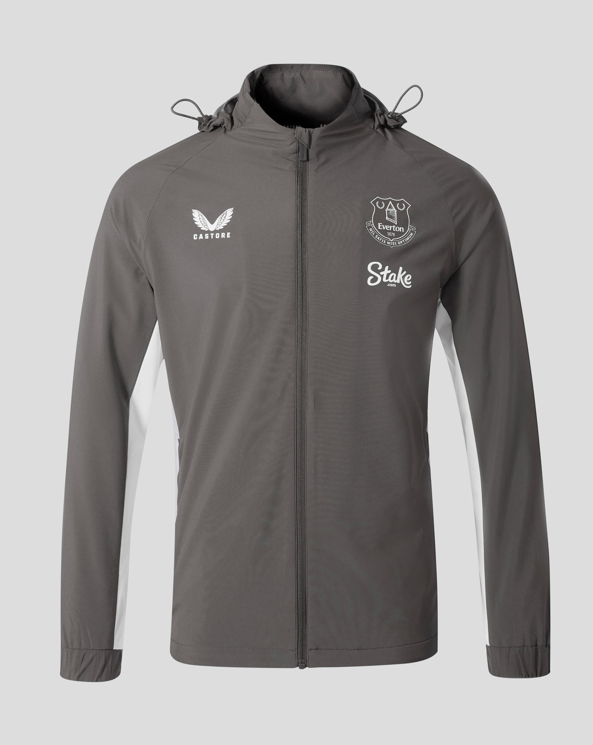 Front view of Everton FC Thunderstorm packable hooded shower jacket with Castore logo on the left chest and Everton crest on the right.